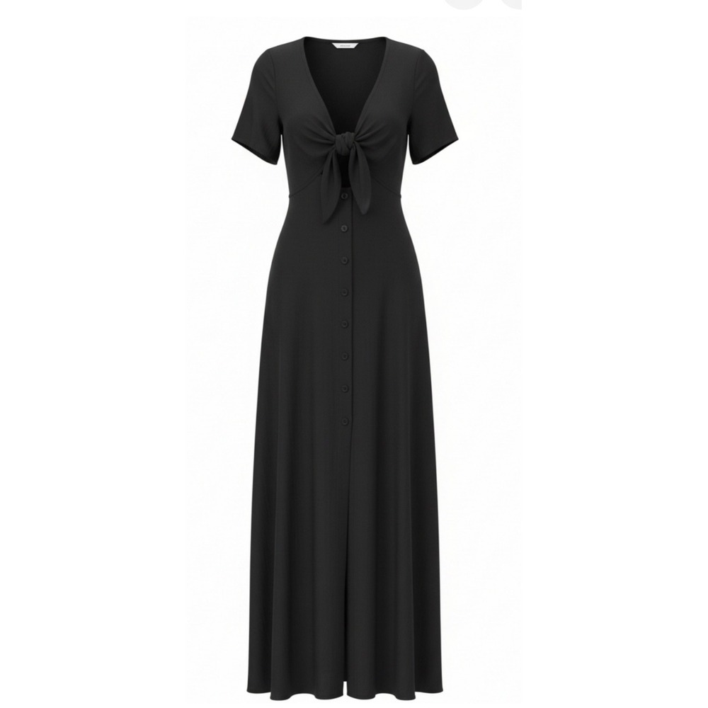 STAUD Black Tie Front Button Down Maxi Dress Short Sleeve Viscose Size 2